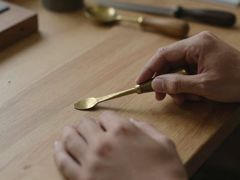 Close-up of hands polishing a brass desk tool on an oak workbench, soft directional light, shallow depth of field.