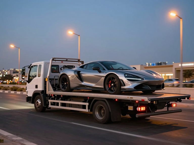 Wide shot of a pristine flatbed truck carrying a luxury sports car, driving smoothly along Al Mustaqbal St at dusk, city lights starting to glow, warm ambient streetlights.