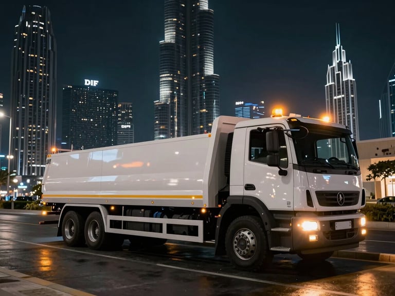 Wide-angle dramatic night shot of a spotless modern flatbed recovery truck parked on Al Mustaqbal St, glowing amber warning lights reflecting on the wet asphalt, towering DIFC skyscrapers in the background under a dark sky.