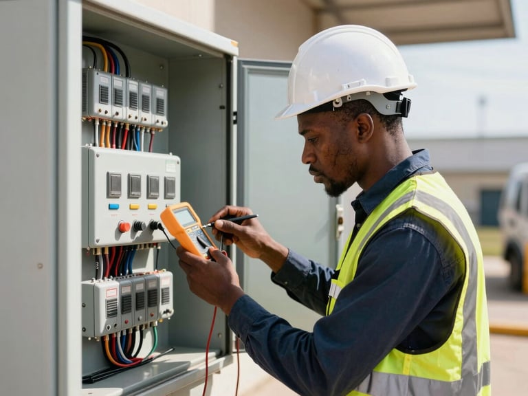 An African engineer in a white hardhat and safety vest inspecting electrical connections on a control panel with a digital multimeter, focused action shot.