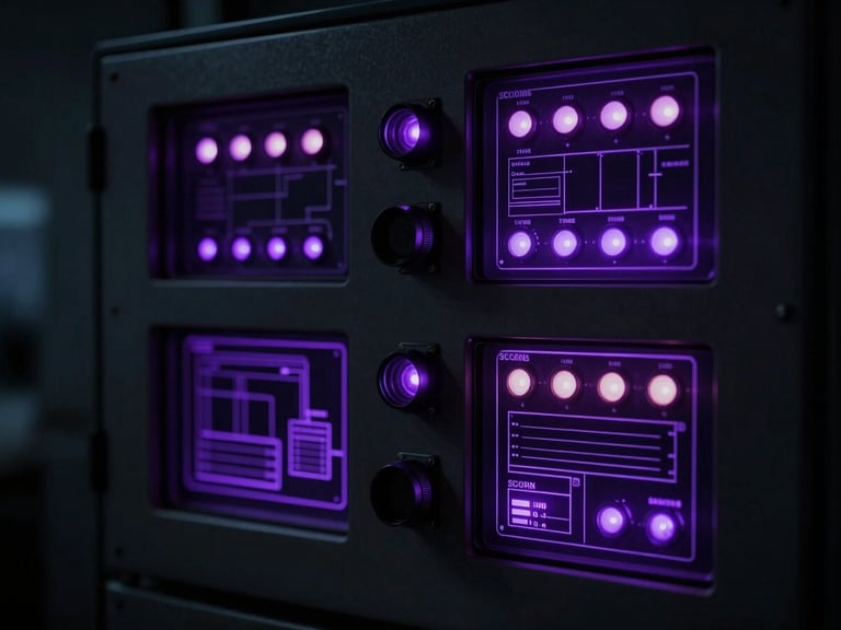 Close-up of a SCADA control panel with glowing purple indicators and technical schematics, dark room, high contrast, 35mm lens