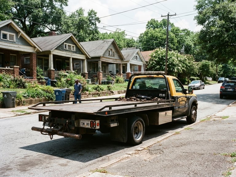 A flatbed tow truck parked on an Atlanta neighborhood street under bright daylight, realistic 35mm documentary photography, high contrast