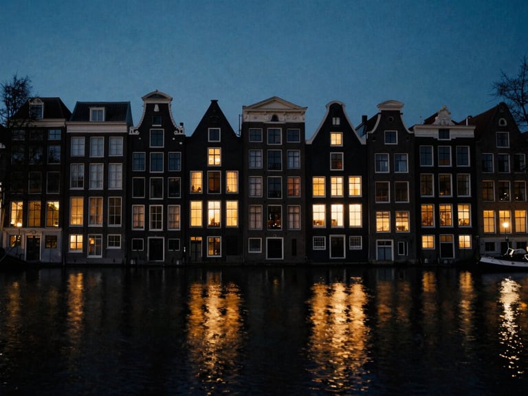 Wide cinematic editorial shot of Amsterdam's historic canal district at twilight, dramatic warm window lights reflecting on dark water, moody low-key lighting with deep navy tones, high-contrast 35mm film style