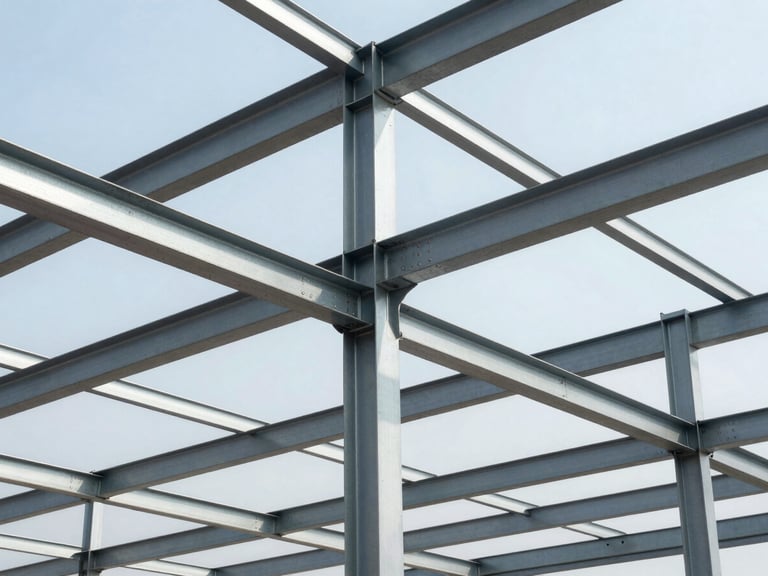 Close-up of a modern industrial steel framework under construction, high-contrast cool daylight, sharp metallic textures, structural joints visible
