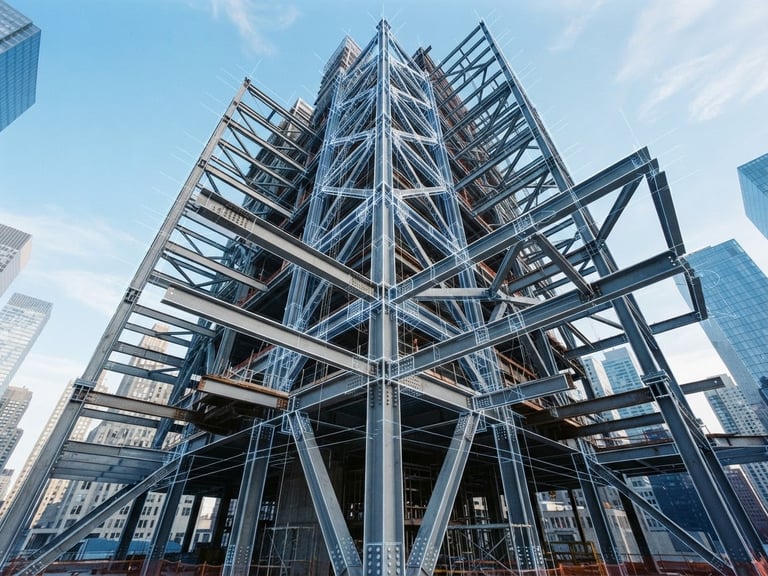 Wide-angle technical architectural photography, crisp cool daylight, sharp structural lines of a modern steel framework, high-contrast blueprint overlays, 35mm