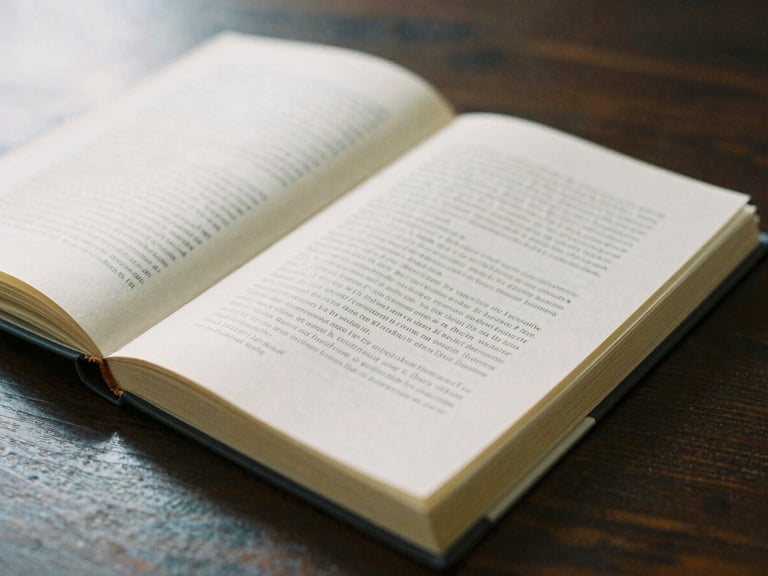 An open hardcover book on a dark wooden table, showing elegant serif typography on textured cream paper, soft side lighting, shallow depth of field.