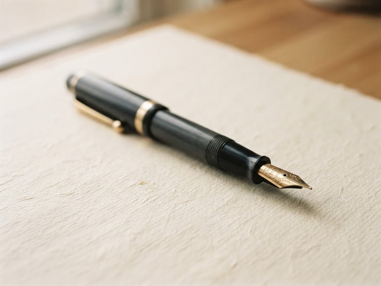 Macro detail of a fountain pen resting on textured cream paper, soft natural window light, shallow depth of field, 35mm