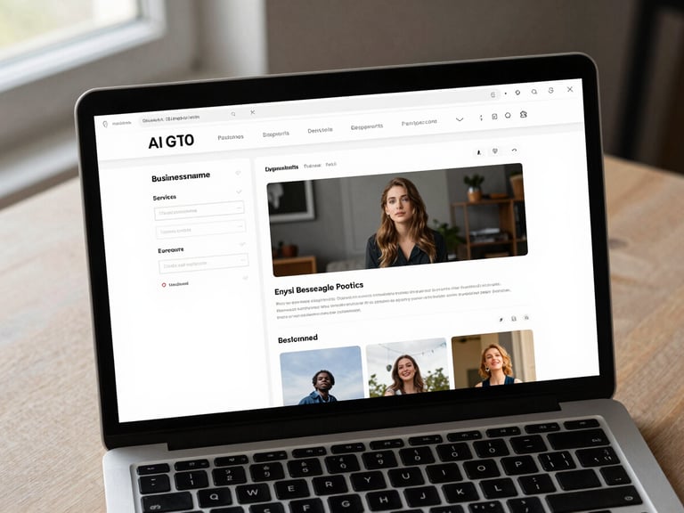 Close overhead view of a laptop screen showing a clean AI website builder interface mid-process — a form with business name and services filled in on the left, a live website preview panel on the right, soft neutral desk surface visible at edges, daylight from a nearby window, no people in frame