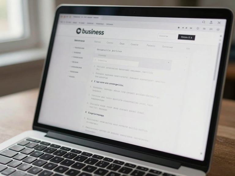 Close-up overhead shot of a laptop screen showing a clean website builder interface mid-process, a business name and services list partially filled in, keyboard partially visible at the bottom edge, daylight-neutral ambient light from a window to the left