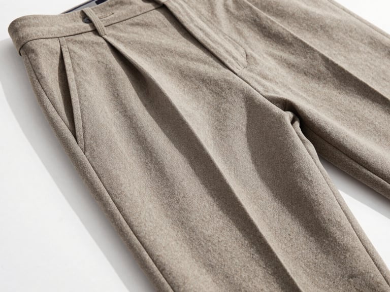 Editorial close-up of premium wool trousers drape, soft daylight casting shadows, highlighting the fine weave and elegant silhouette, neutral minimalist aesthetic, 85mm lens