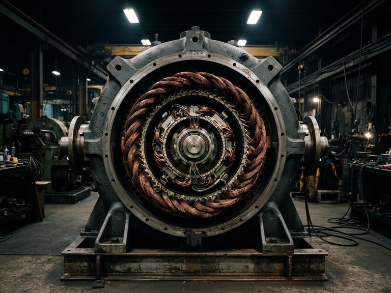 Sharp industrial photography of a massive heavy-duty generator alternator assembly with copper windings, dramatic high-contrast workshop lighting, metallic steel and charcoal tones, 50mm lens