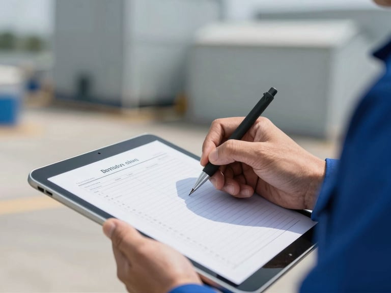 Close-up of a technician's hand marking a checklist on a tablet during a preventative maintenance inspection, industrial commercial photography, bright natural daylight, high-contrast cool tones, sharp focus, 35mm lens.