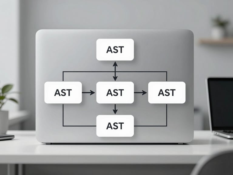 A clean, centered system architecture diagram illustrating compiler passes and AST generation, high contrast, minimalist design, cool gray background.