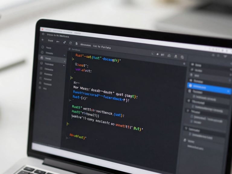 Close-up of a code editor showing highly structured Rust code, syntax highlighting with cool gray and electric blue accents, shallow depth of field, clean tech photography