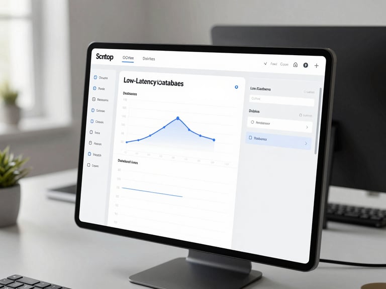 A sharp, high-fidelity UI mockup of a system monitoring dashboard showing low-latency database queries, clean technical layout, cool gray tones, neutral daylight.