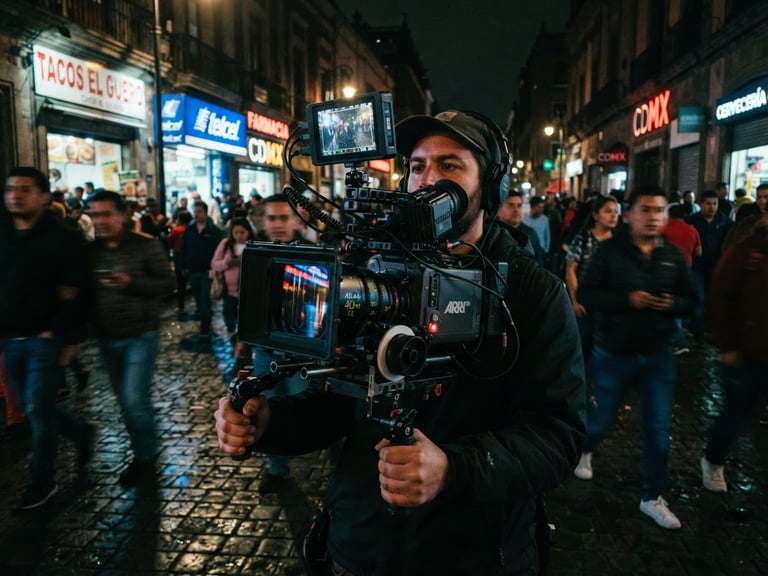 Moody low-light cinema camera rig on a night shoot in Mexico City, neon reflections on the anamorphic lens, high contrast shadows, 35mm grain