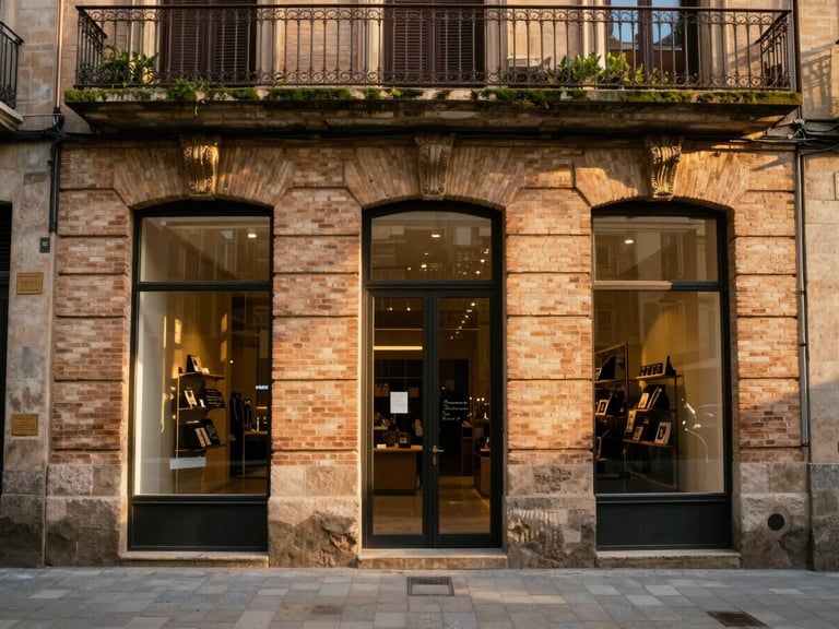 Wide environmental shot of a historic Barcelona storefront in Gracia, warm golden-hour sunlight reflecting on the glass, earthy terracotta brickwork, 35mm photography
