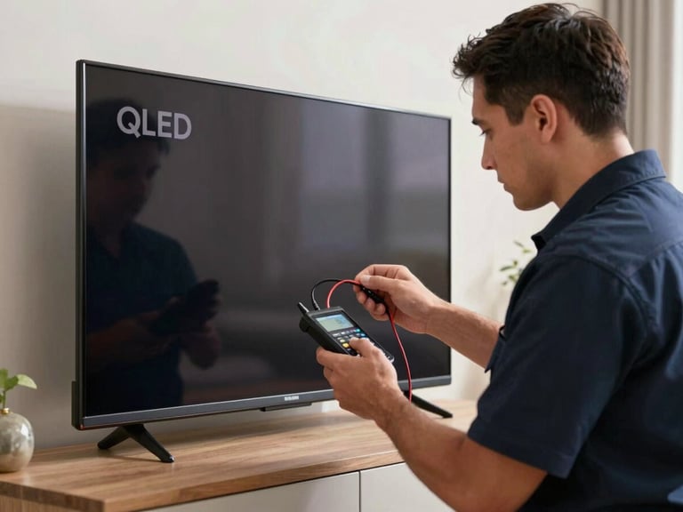 Un técnico uniformado inspeccionando la parte trasera expuesta de un televisor QLED delgado montado en la pared de una sala elegante, sosteniendo un multímetro digital.