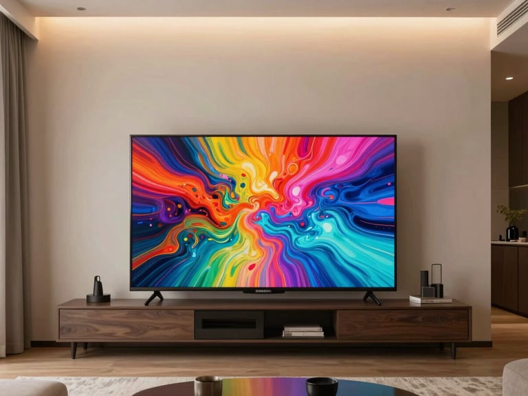 A clean, modern Bogotá living room with a large Samsung LED TV displaying vibrant, colorful abstract art on the wall, warm ambient lighting.