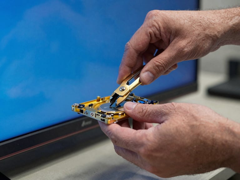 Primer plano de manos de un técnico profesional usando guantes antiestáticos ajustando componentes internos dorados de una pantalla de televisión delgada, herramientas de precisión al lado, luz azul fría.