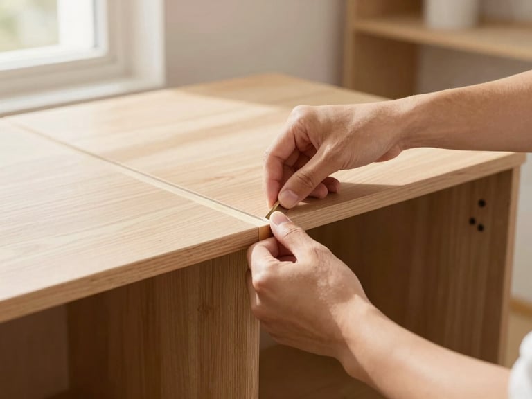 Close-up of professional hands assembling a wooden cabinet joint, warm natural light, focus on craftsmanship, 35mm editorial photography