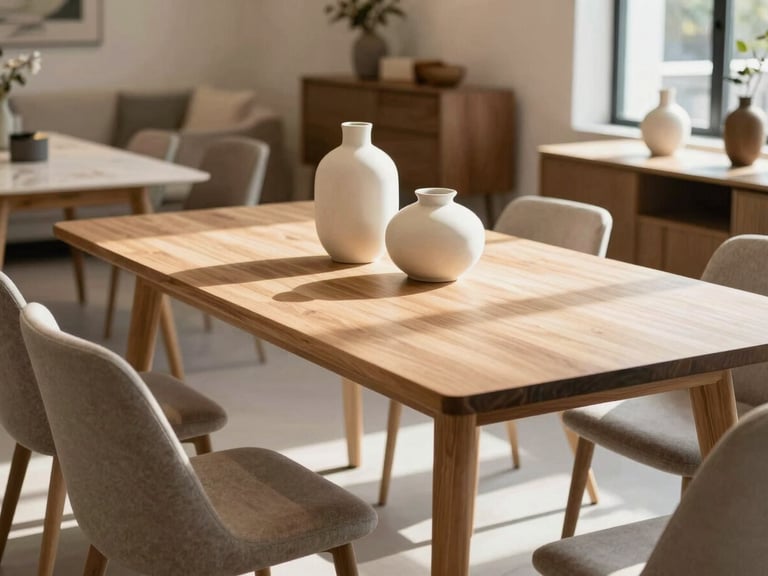 Warm editorial shot of a modern local furniture showroom, curated wooden dining table with ceramic vases, bright natural daylight, soft shadows, 35mm