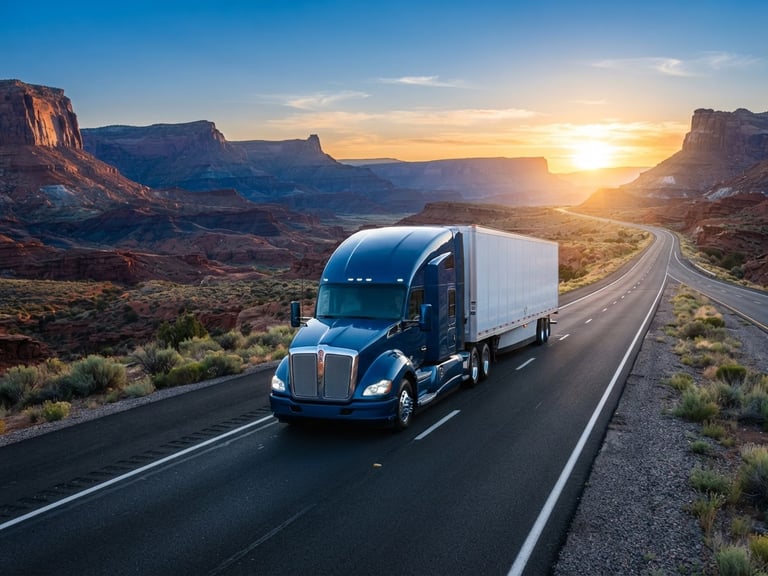 A modern clean semi-truck on an open Utah highway during sunrise, crisp golden-hour daylight, sharp focus, 35mm lens.