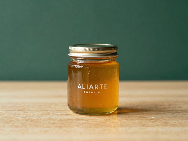 Elegant glass jar of ALIARTE premium honey on a minimalist wooden surface, soft light reflecting on the glass, rich amber and forest green accents, shallow depth of field, 35mm.