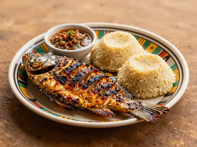 Grilled whole tilapia served with banku and a side of spicy shito sauce, on a traditional Ghanaian plate, warm natural light.
