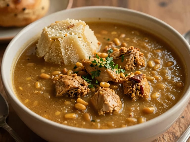 Bowl of rich groundnut soup with chicken, fufu on the side, garnished with herbs, rustic setting, warm ambient light.