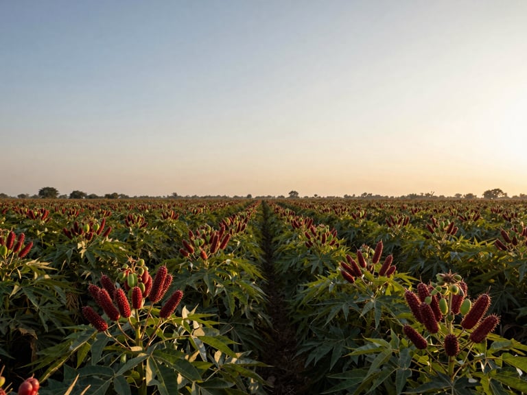 Wide environmental shot of a castor crop field at golden hour in Gujarat, rows of tall castor plants receding toward a low horizon, ripe red-green seed pods prominent in the foreground, warm raking light from the right, no people visible