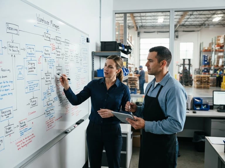 Medium shot of two operations managers reviewing a physical workflow diagram on a whiteboard in a bright, sunlit warehouse office, modern editorial photography, bright natural window light, crisp high-contrast cool tones, sharp focus, 35mm