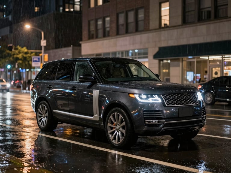 Wide environmental shot of a dark executive SUV navigating a rain-slicked urban street at night, city lights reflecting on obsidian paint.