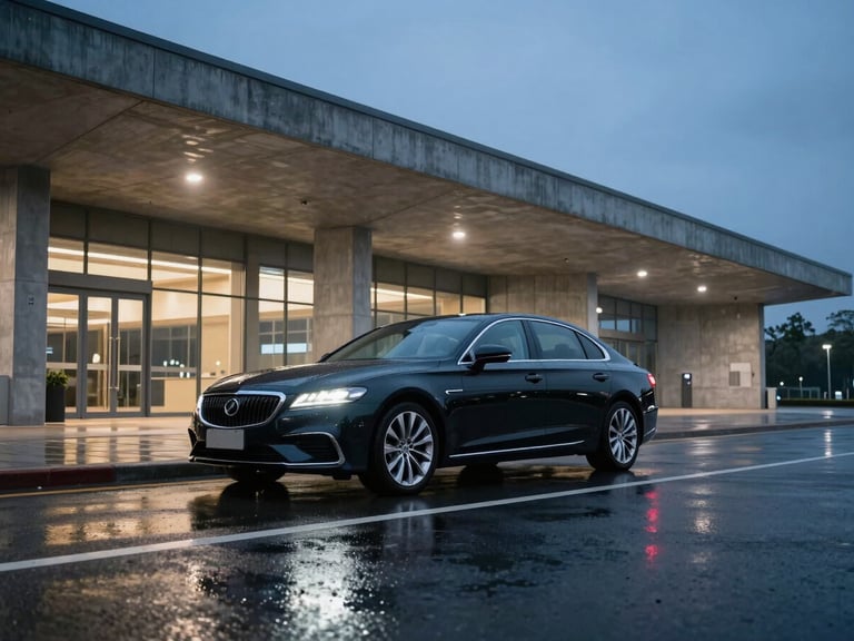 Wide environmental shot of a pristine dark executive sedan parked outside a modern concrete terminal at blue hour, rain-slicked asphalt reflecting cool architectural lights.