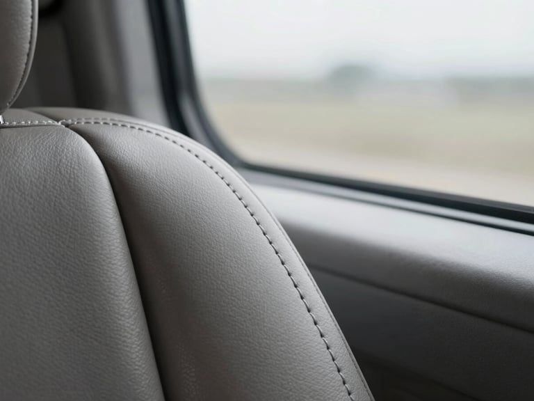 Macro detail of pristine leather stitching inside a silent executive cabin, soft overcast daylight filtering through tinted glass.