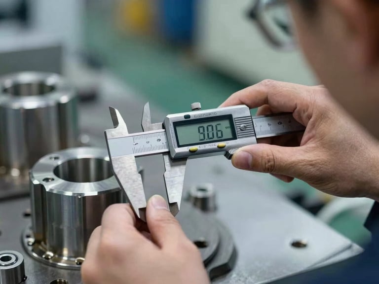 Macro detail shot of a technical quality inspector using digital calipers to measure a machined metal component on an active factory floor, sharp industrial lighting, high contrast, shallow depth of field.