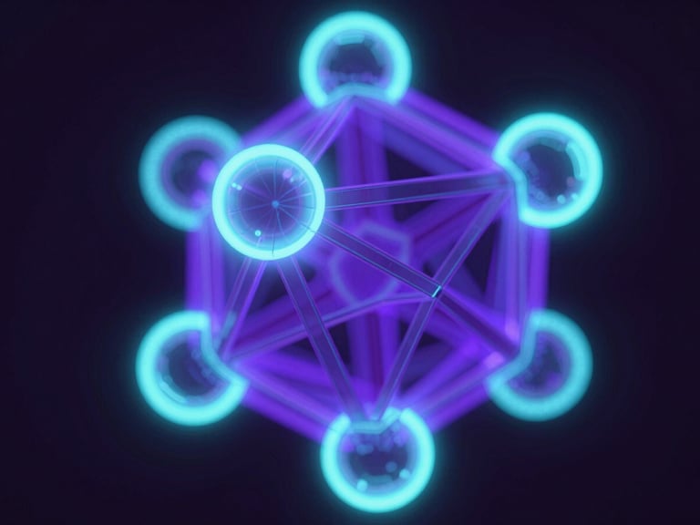 Macro shot of abstract 3D geometric nodes glowing with neon cyan and deep violet volumetric lighting, sharp technical wireframe details on a dark background, octane render