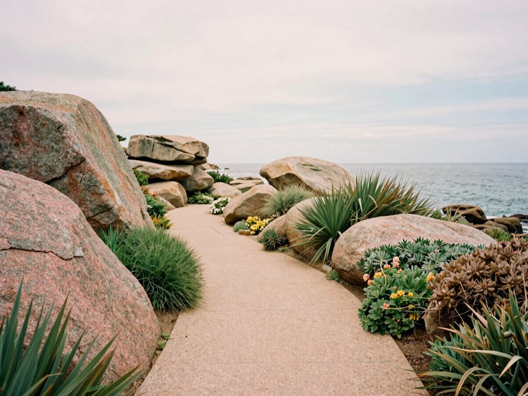 Private garden path with coastal plants and pink granite boulders, looking towards the sea under soft overcast Breton sky, warm editorial photography