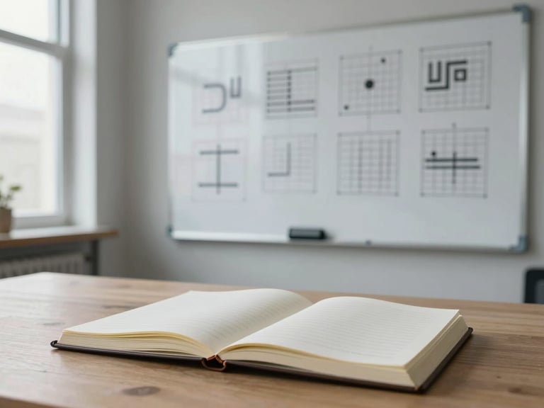 Wide environmental shot of a studio workspace — a whiteboard covered in typographic grid sketches in the background, a single open notebook in foreground, north-facing window light, cool tones
