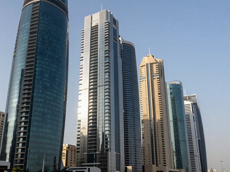 Wide environmental shot of modern glass-and-steel high-rise elevations along the Abu Dhabi Corniche, razor-sharp architectural lines under crisp daylight.