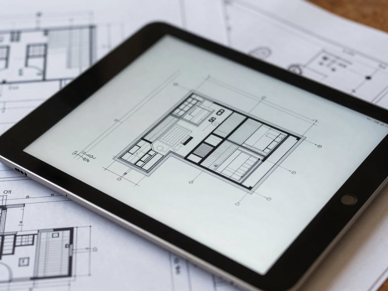 Close-up of a technical blueprint overlaid with a digital tablet showing architectural maintenance reports, sharp focus, clean corporate lighting.