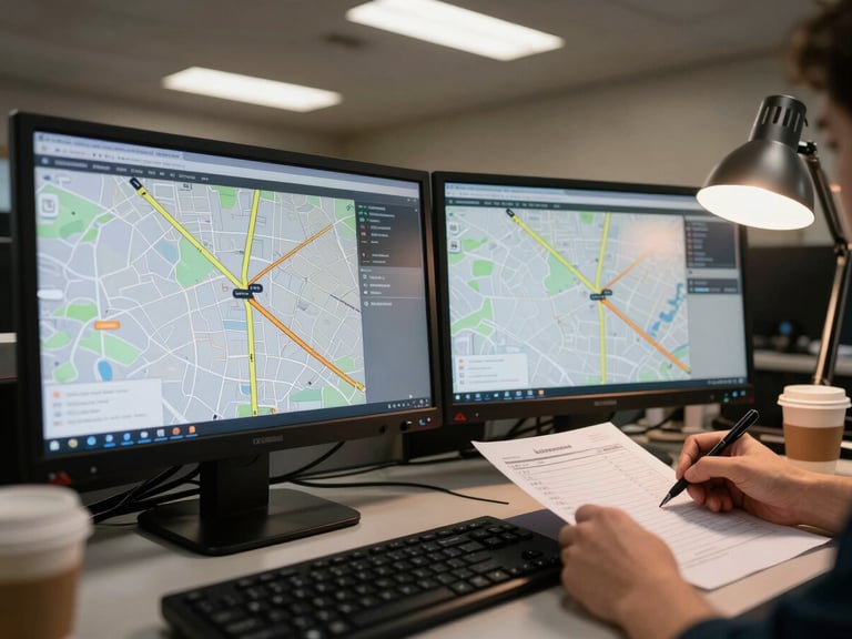 Medium-wide shot of a dispatch workstation at night, two monitors showing route maps and carrier GPS pings, a hand annotating a paper manifest under a desk lamp, coffee cup visible at the edge of frame, practical office fluorescent light overhead