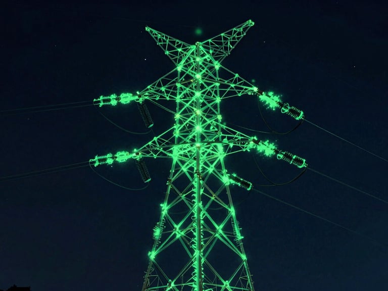 Isometric close-up of a high-voltage transmission tower mapped with glowing neon green LiDAR point cloud data, dark cinematic lighting