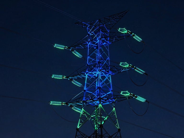 Close-up of high-voltage transmission tower, glowing 3D LiDAR point cloud wires, high contrast dark blue background, technical precision