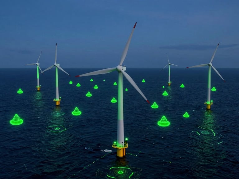 Isometric view of offshore wind turbines in the North Sea during twilight, glowing digital twin telemetry overlay, cyber green stress-point indicators, cinematic