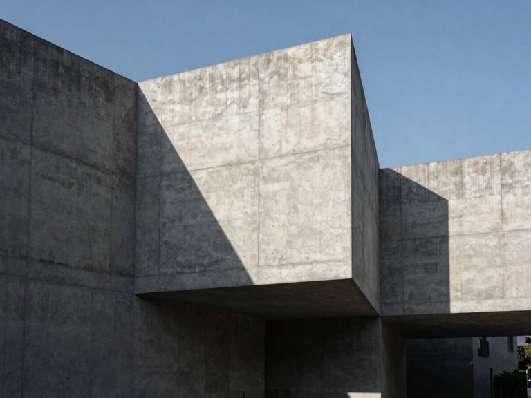 Monolithic modern concrete architecture with sharp geometric shadows under high-contrast direct sunlight.