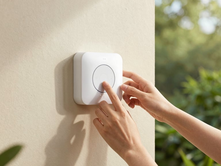 Hands interacting with a sleek, modern smart-irrigation controller mounted on an outdoor wall, soft daylight