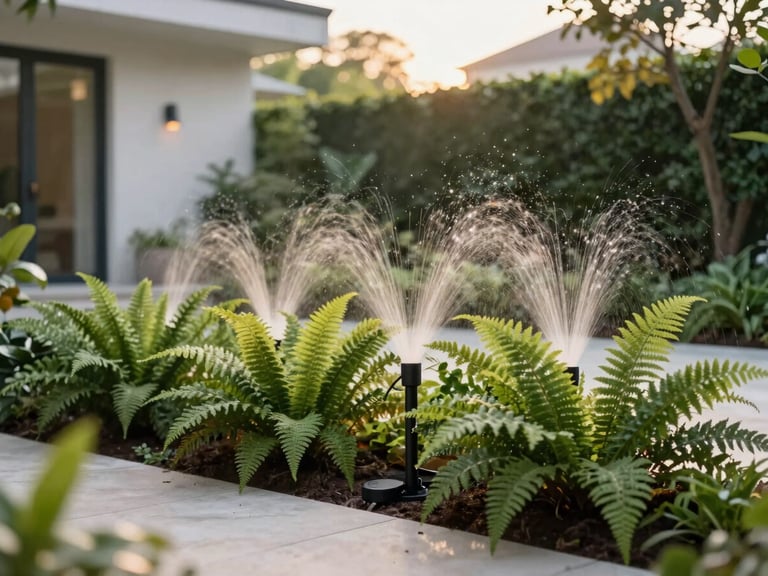 Lush modern home courtyard with hidden automated micro-sprinklers watering delicate ferns, golden-hour light