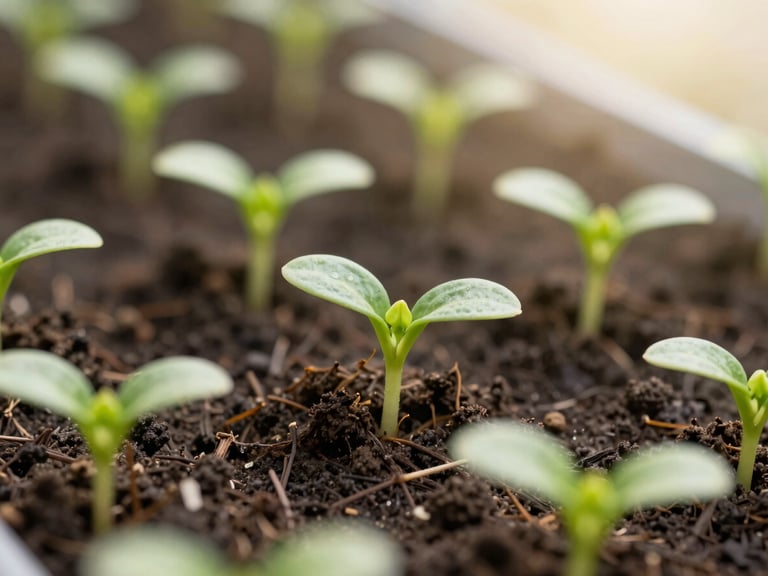 Close-up of vibrant green seedlings in rich, dark organic soil, soft morning daylight, shallow depth of field