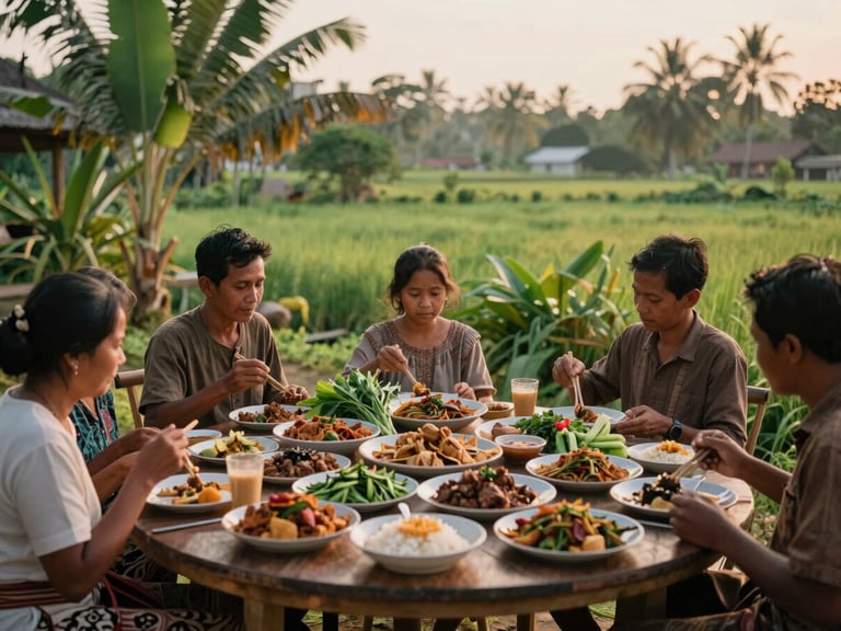 A spread of authentic Indonesian village cuisine, locally grown ingredients, warm hospitality, golden hour light, family enjoying a meal together, rich tropical greens, earthy tones, 35mm.